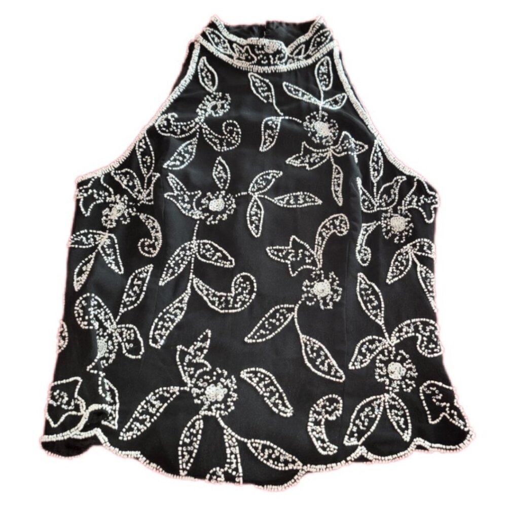 Camille La Vie Beaded Halter Top Black White Scalloped Hem Size M NWT - Picture 2 of 5